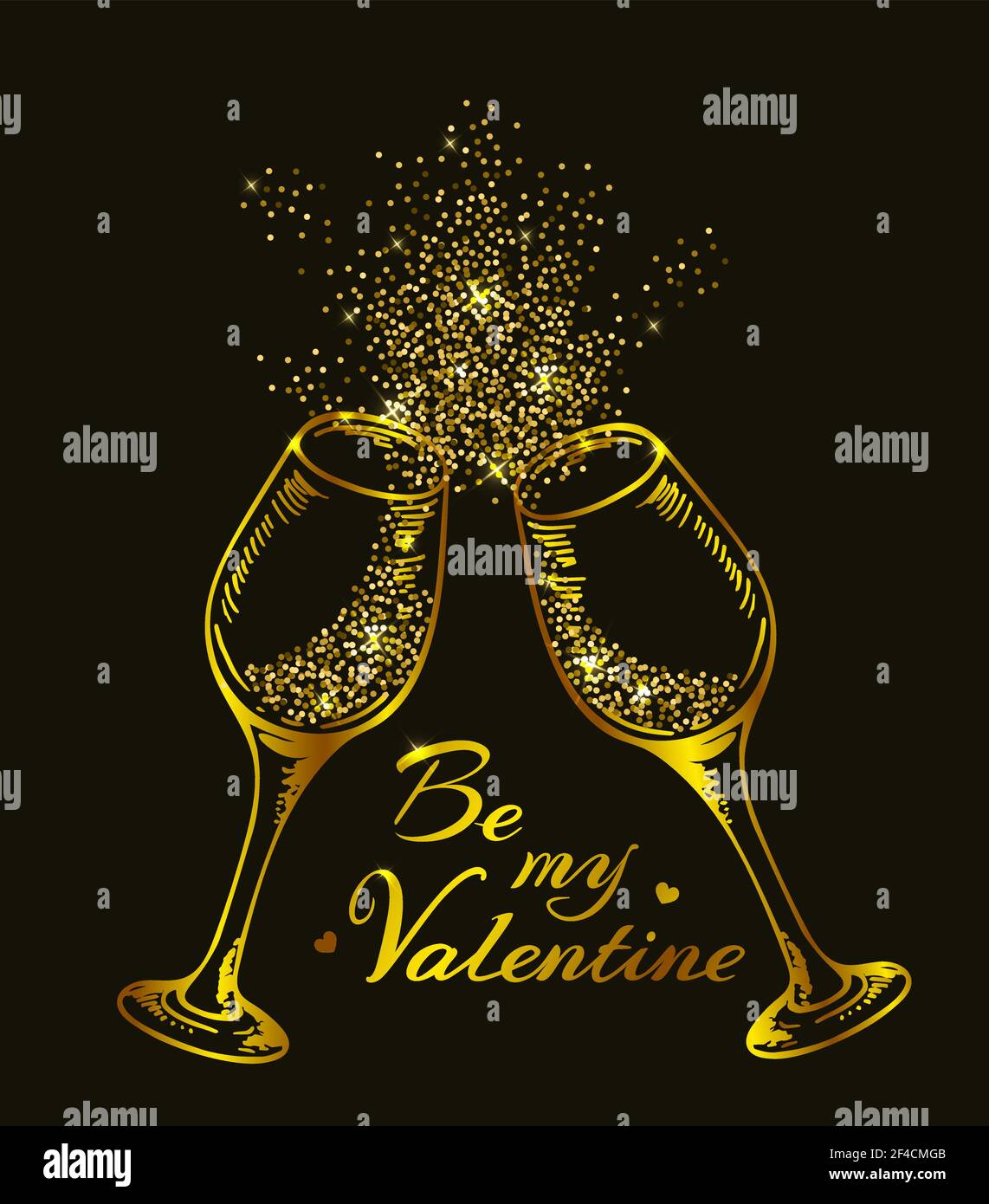 Valentine greeting card con due golden scintillante di bicchieri di champagne su uno sfondo nero. Illustrazione Vettoriale Illustrazione Vettoriale