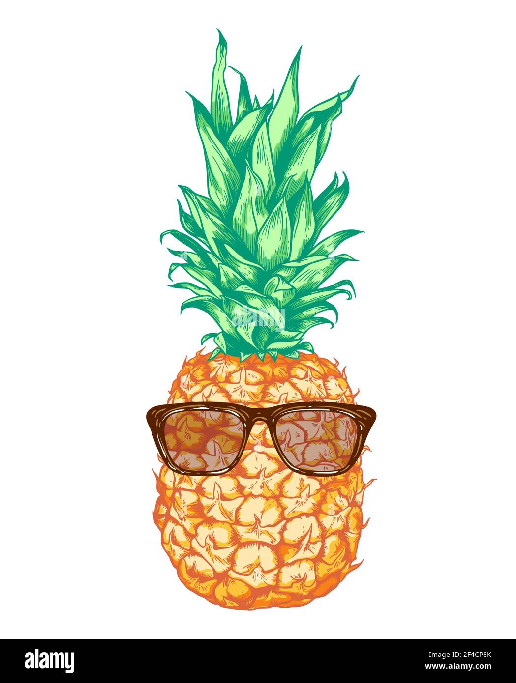 Ananas vettoriale disegnato a mano in occhiali da sole su sfondo bianco. Illustrazione Vettoriale