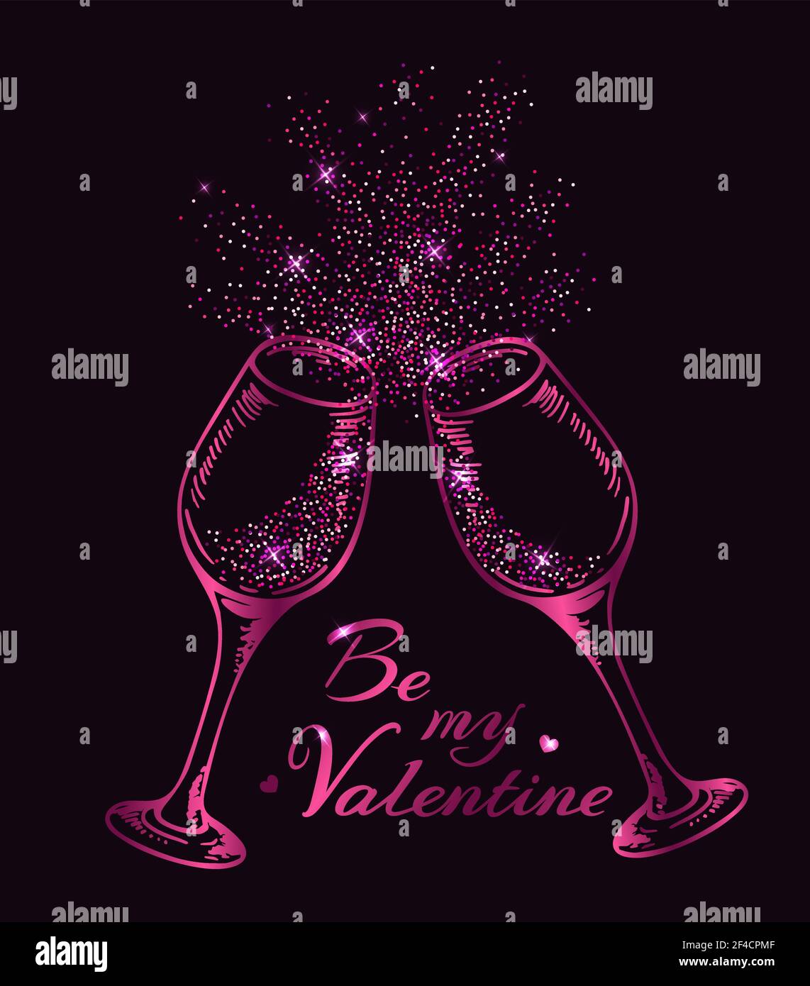 Valentine greeting card con due scintillante rosa bicchieri di champagne su uno sfondo nero. Illustrazione Vettoriale Illustrazione Vettoriale