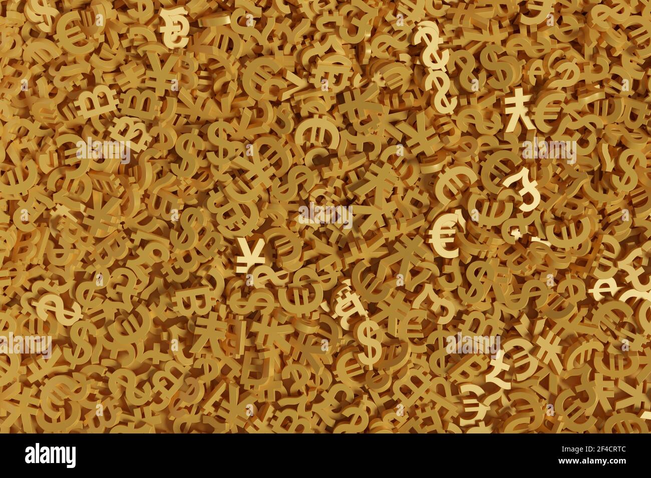 Segni d'oro delle valute del mondo in tre dimensioni sfondo. illustrazione 3d. Foto Stock