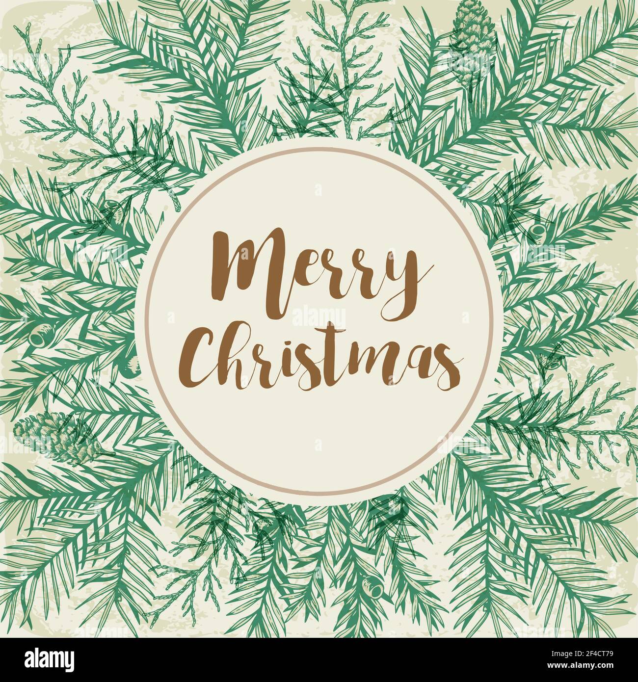 Vintage di auguri di Natale carta verde con rami di abete. Sfondo decorativo per il Natale e il nuovo anno. Disegnata a mano illustrazione vettoriale. Illustrazione Vettoriale