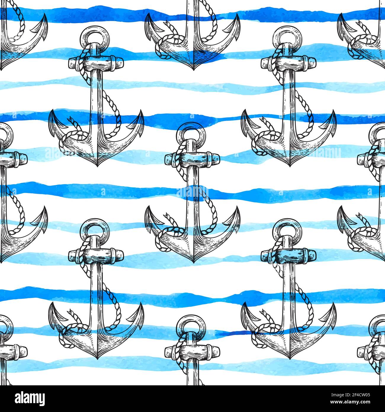 Marine modello senza soluzione di continuità con le ancore e acquerello blu linee. Disegnato a mano sfondo vettoriale Illustrazione Vettoriale