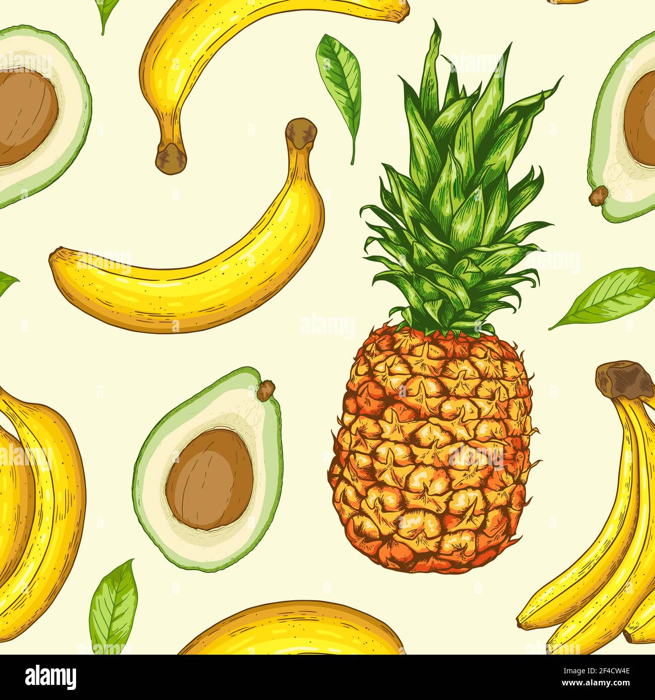 Disegnato a mano senza giunture tropicale pattern con ananas, avocado e banane. Sfondo del vettore. Illustrazione Vettoriale