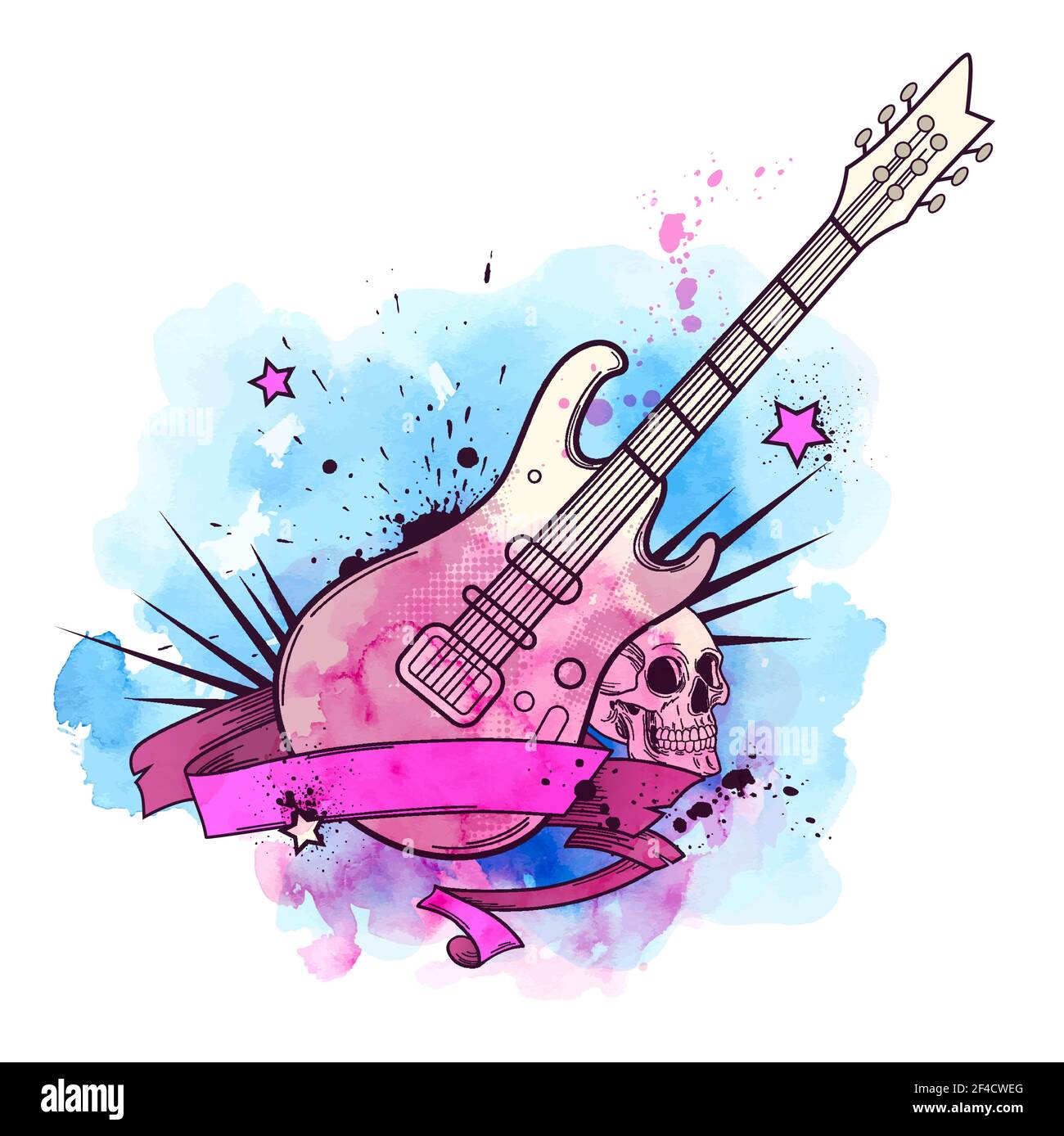 Sfondo vettoriale musicale con chitarra elettrica, cranio e tessitura acquerello Illustrazione Vettoriale