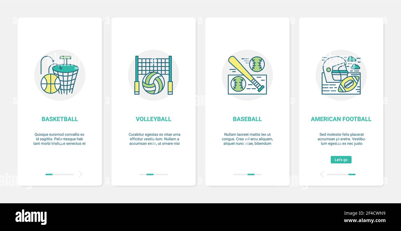 Attrezzatura sportiva, basket pallavolo rugby baseball UX, UI mobile app page set Illustrazione Vettoriale