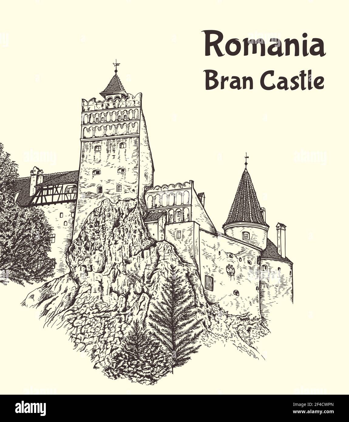 Castello medievale di Bran in Transilvania, Romania, noto come Castello di Dracula&rsquo. Illustrazione vettoriale disegnata a mano" Illustrazione Vettoriale