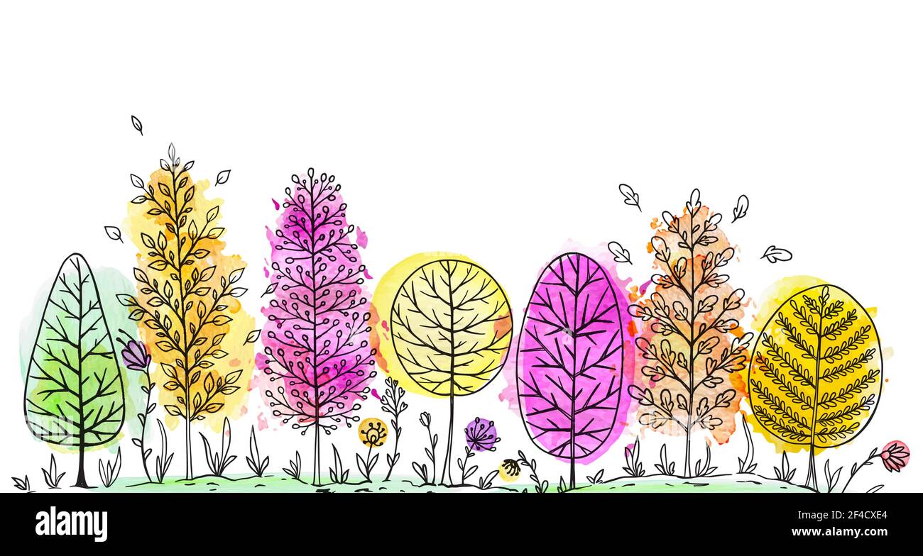 Paesaggio naturale autunnale con colorati alberi acquerelli su sfondo bianco. Illustrazione vettoriale disegnata a mano. Illustrazione Vettoriale