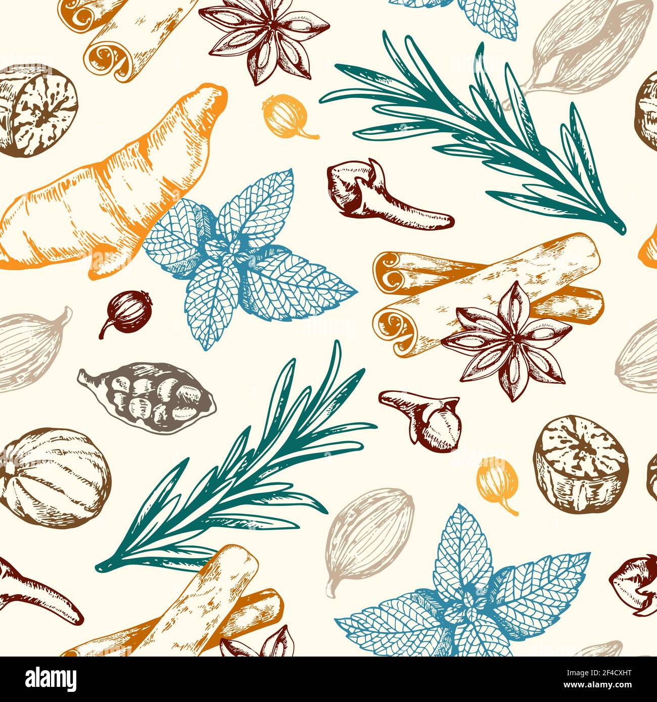 Motivo floreale vintage disegnato a mano senza cuciture con spezie ed erbe. Sfondo vettoriale Illustrazione Vettoriale