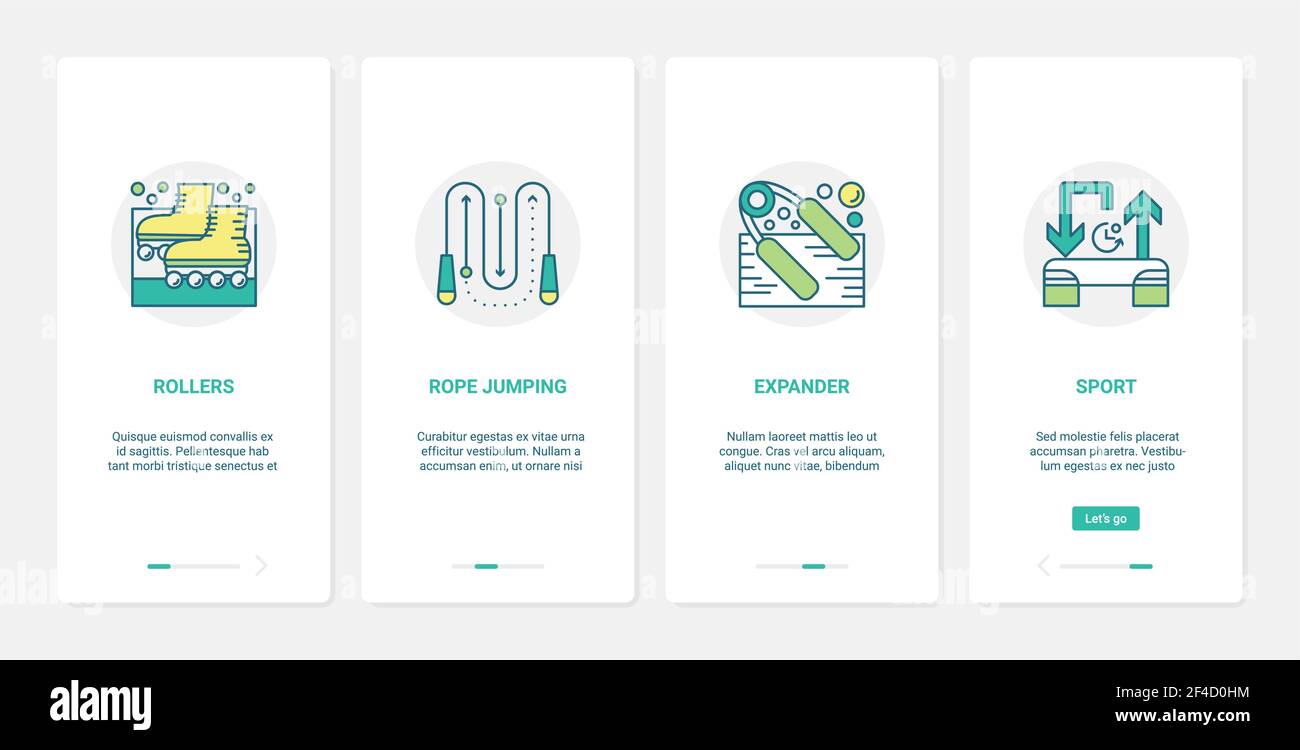 Attrezzatura sportiva, espansore per funi da salto con pattini a rotelle, UX, set di pagine di app per dispositivi mobili UI Illustrazione Vettoriale