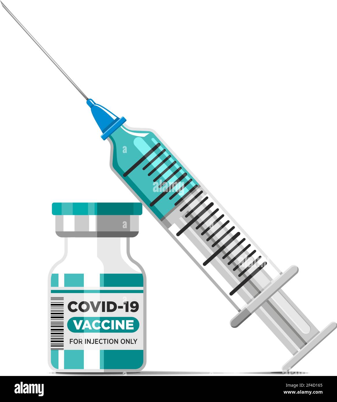 Covid-19 concetto di vaccinazione con Coronavirus. Flaconcino di vaccino e siringa con ago. Modello vettoriale su sfondo trasparente Illustrazione Vettoriale