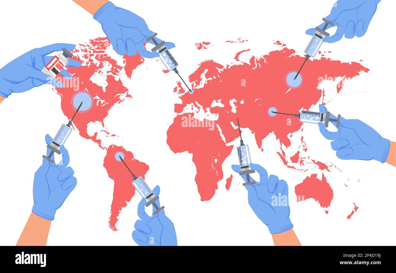 Vaccinazione globale della protezione della terra del pianeta, mani del medico che tengono la siringa del vaccino Illustrazione Vettoriale