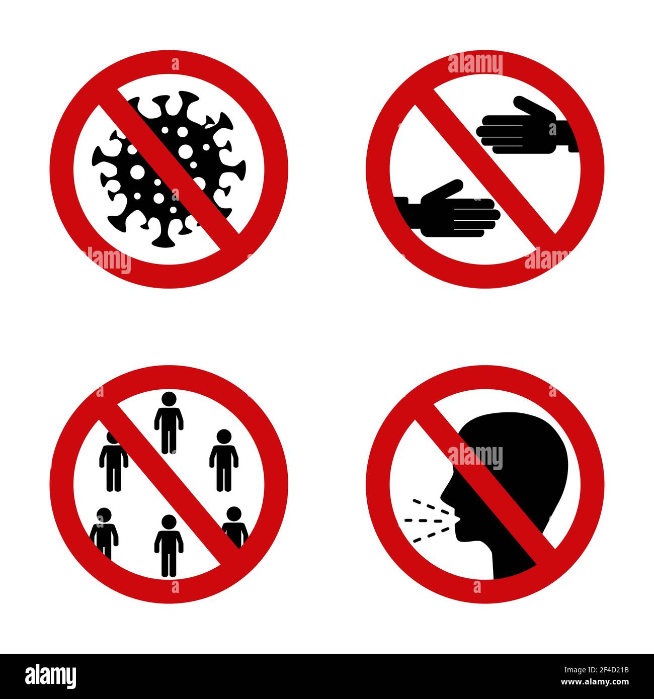 Stop coronavirus segno rosso. Segno di divieto di infezione da virus Corona. Icona proibita senza stretta di mano, tosse e luoghi pubblici Illustrazione Vettoriale