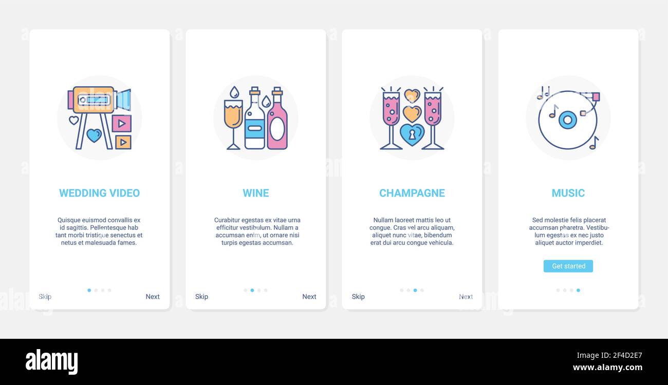UI per ricevimenti nuziali e banchetti, set di pagine dell'app mobile UX onboarding Illustrazione Vettoriale UI per ricevimenti nuziali e banchetti, set di pagine dell'app mobile UX onboarding Illustrazione Vettoriale