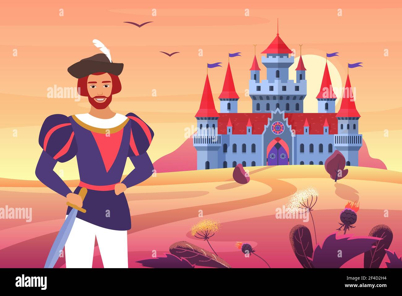 Principe in abiti medievali in piedi accanto al castello di fantasia in paesaggio da favola Illustrazione Vettoriale