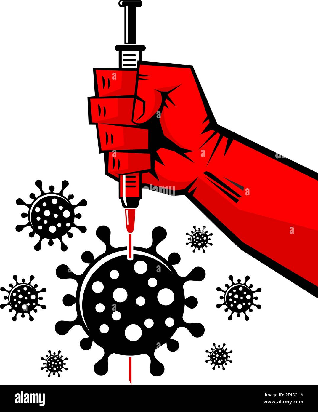 La mano rossa perfora il coronavirus con un ago per siringa. Poster in stile retrò su sfondo trasparente. Vettore Illustrazione Vettoriale