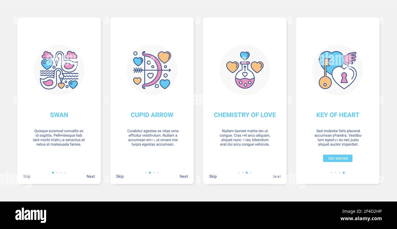 Simboli di amore e romanticismo per invito UI, UX app mobile page set Illustrazione Vettoriale