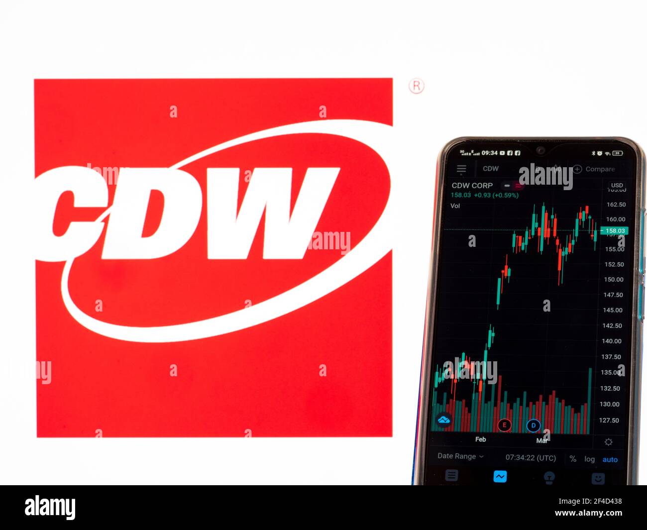 Ucraina. 20 Marzo 2021. In questa illustrazione fotografica le informazioni di borsa di CDW Corporation visualizzate su uno smartphone con il logo CDW Corporation sullo sfondo. (Foto di Igor Golovniov/SOPA Images/Sipa USA) Credit: Sipa USA/Alamy Live News Foto Stock