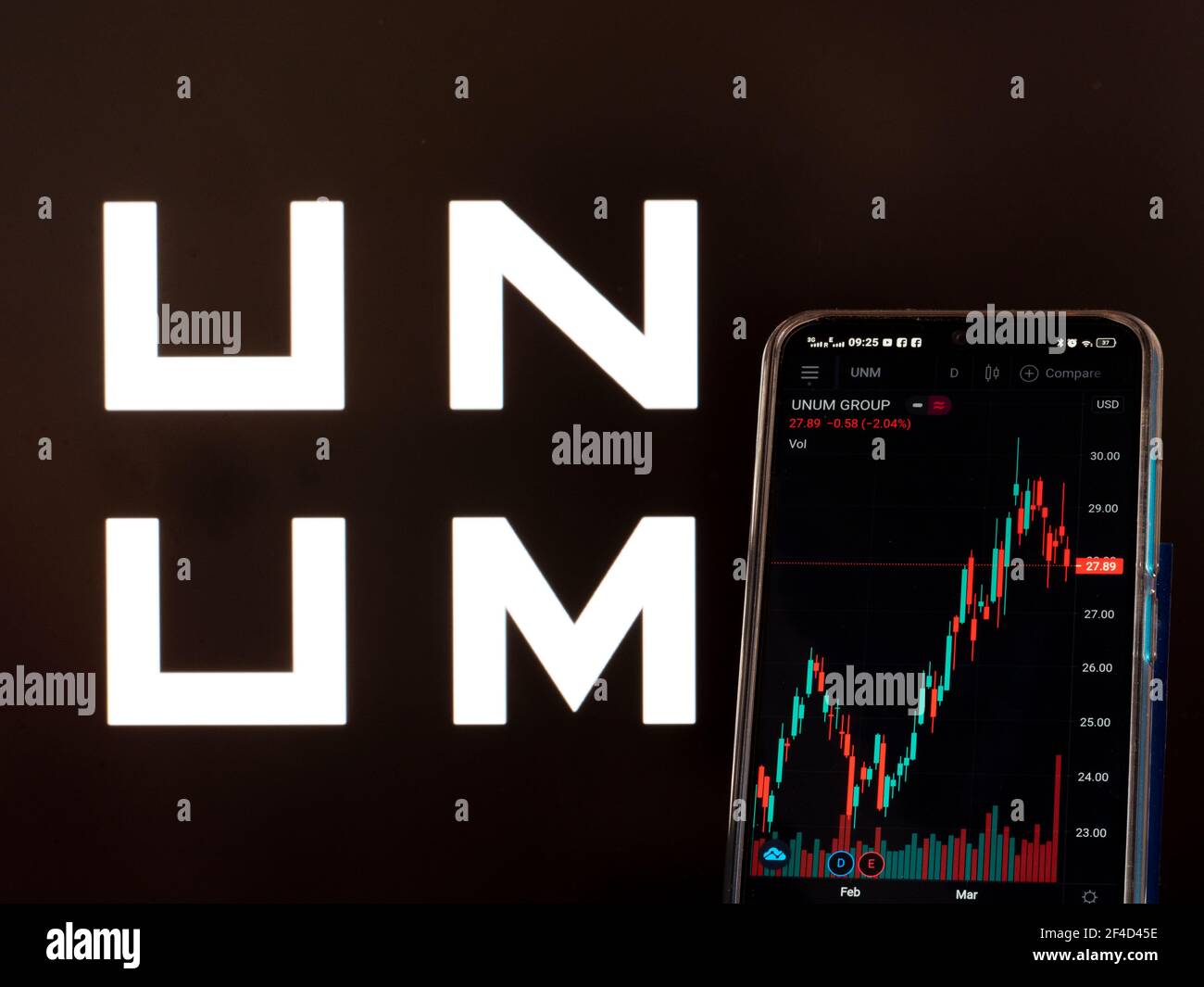 Ucraina. 20 Marzo 2021. In questa illustrazione sono riportate le informazioni del mercato azionario di Unum Group visualizzate su uno smartphone con il logo di Unum Group sullo sfondo. (Foto di Igor Golovniov/SOPA Images/Sipa USA) Credit: Sipa USA/Alamy Live News Foto Stock
