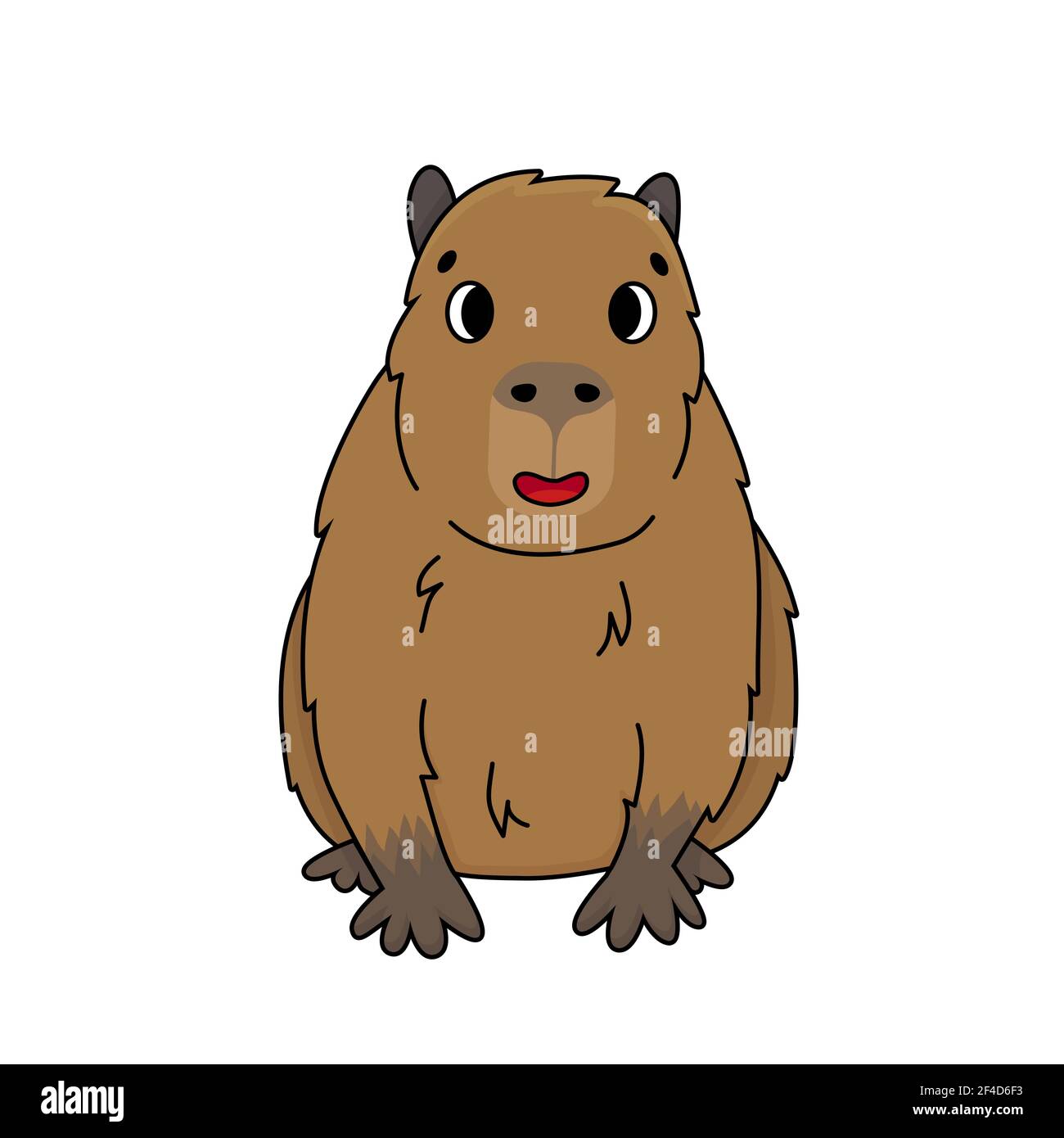 Carino felice cartone animato vettore Capybara siede e sorride. Doodle marrone animale è isolato su sfondo bianco, vista frontale. Mammifero originario del Sud am Illustrazione Vettoriale