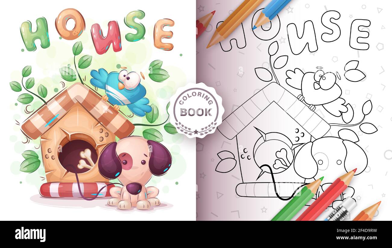 Uccello e cane - pagina da colorare Illustrazione Vettoriale