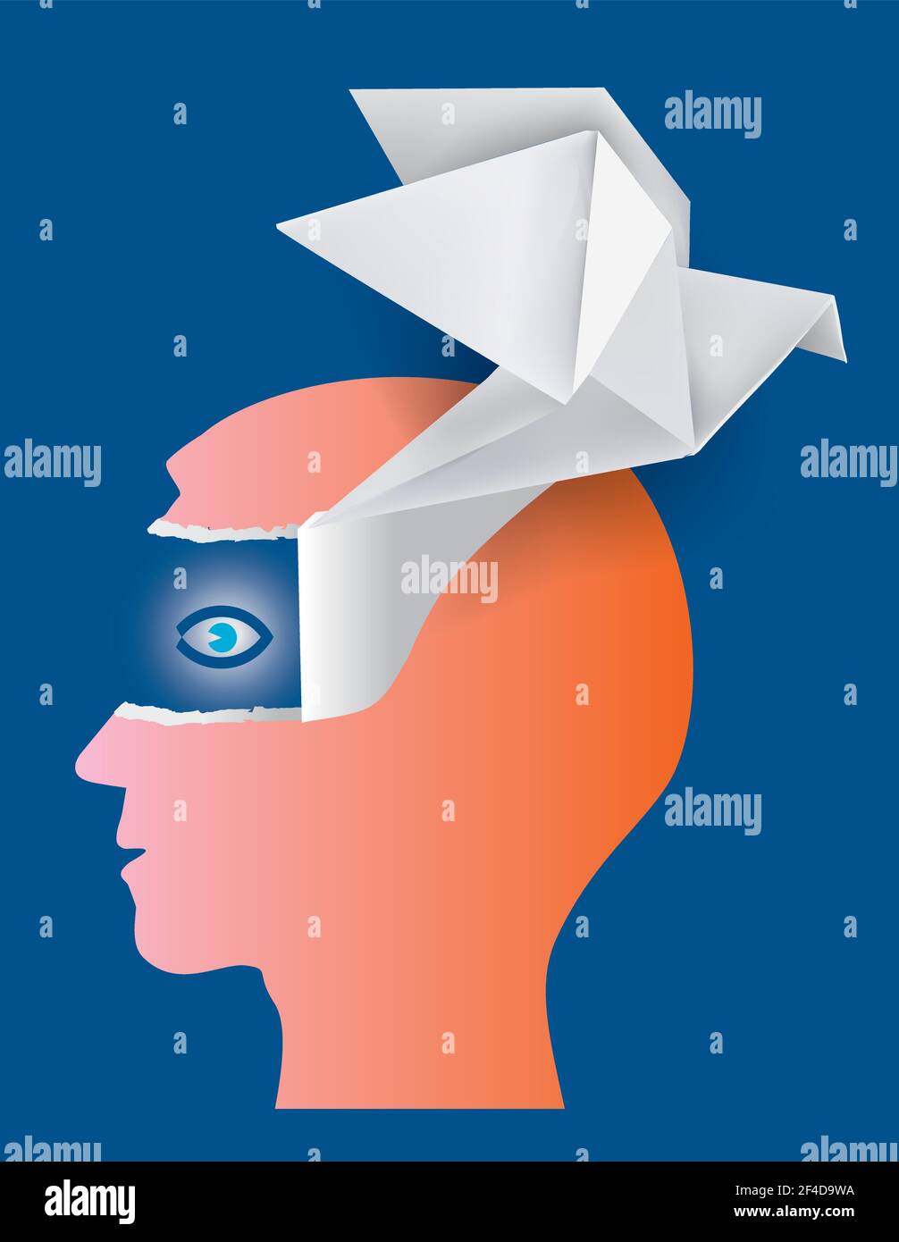 Apri i tuoi occhi, origami colomba, concetto di psicologia. Rosso testa maschio in profilo e carta piccione strappando carta e occhi scoperti. Vettore disponibile. Illustrazione Vettoriale
