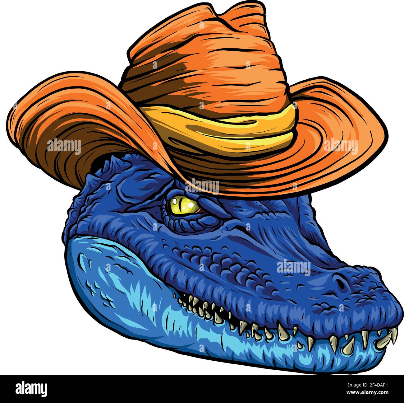 Illustrazione vettoriale, una testa di alligatore blu feroce con cappello Illustrazione Vettoriale