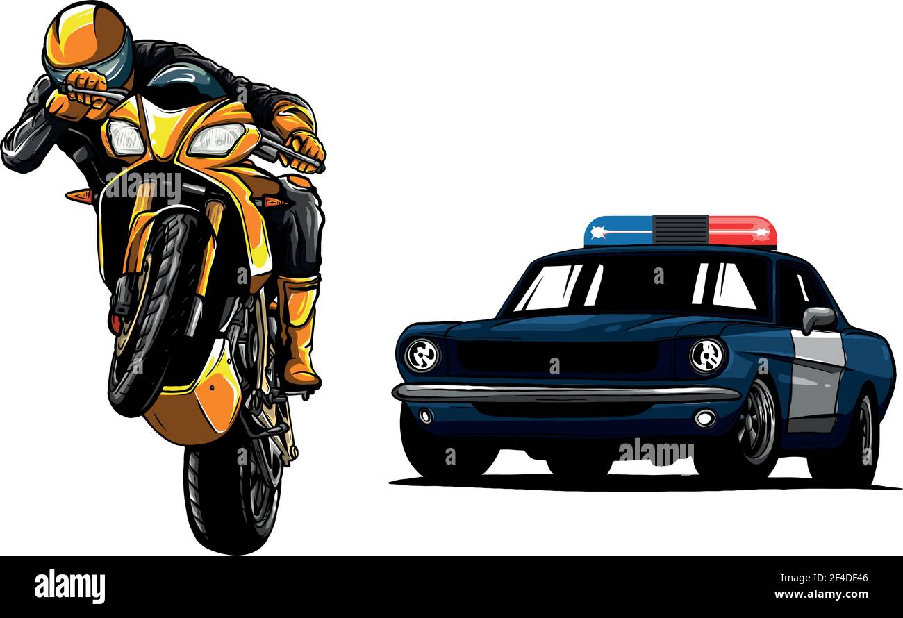 L'automobile della polizia sta inseguendo un criminale su una motocicletta. Illustrazione Vettoriale