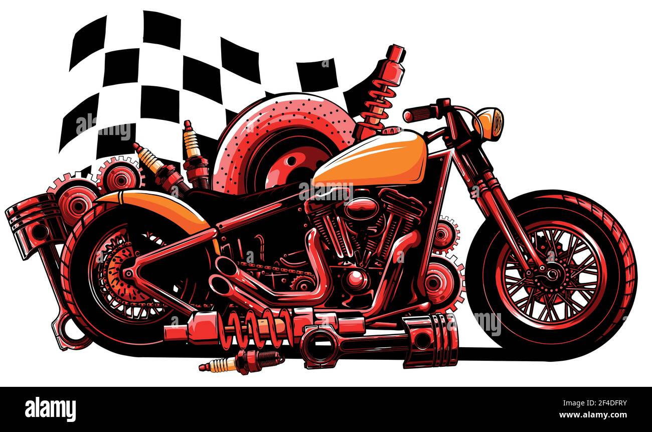 Moto Vector con parti di ricambio e bandiera da gara Illustrazione Vettoriale