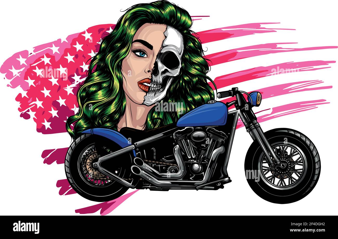 vector illustration moto chopper vintage con viso donna e americano allarme Illustrazione Vettoriale