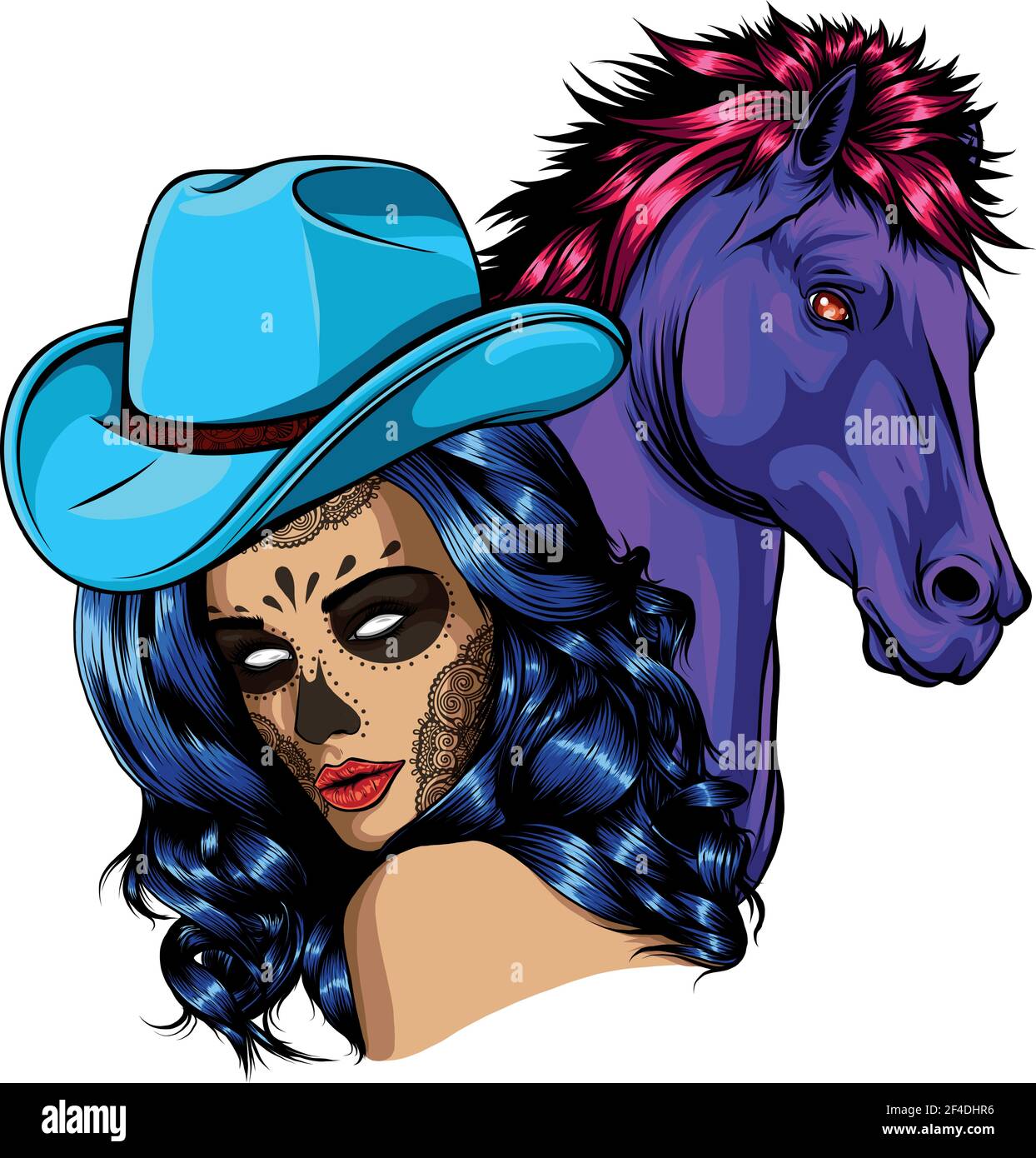 ragazza vestita da cowboy con cavallo Illustrazione Vettoriale
