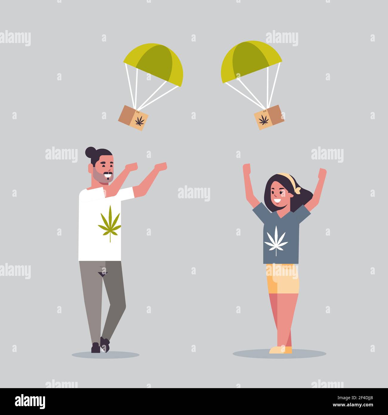 coppia che cattura scatola di pacchi di cannabis cadendo con paracadute da sky marijuana air mail consegna express consumo di droga concetto pieno lunghezza piatta Illustrazione Vettoriale