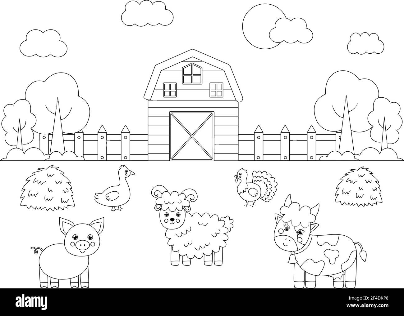 Paesaggio di fattoria di colore con animali carini. Pagina didattica da colorare per bambini. Illustrazione Vettoriale