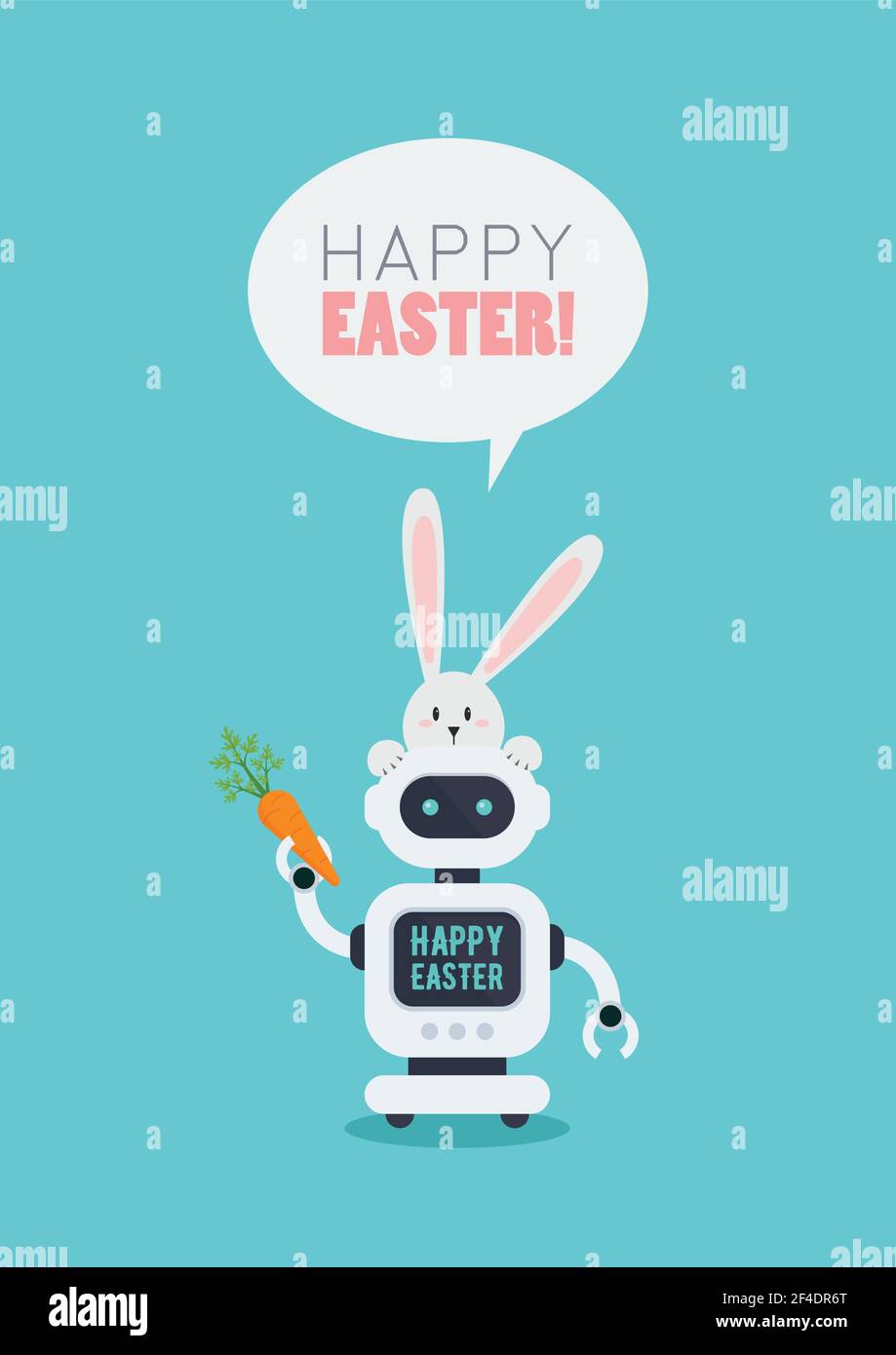 Poster di Pasqua di coniglio con chatbot che tiene la carota. Robot macchina futuro. Concetto di Pasqua. Design piatto Illustrazione Vettoriale