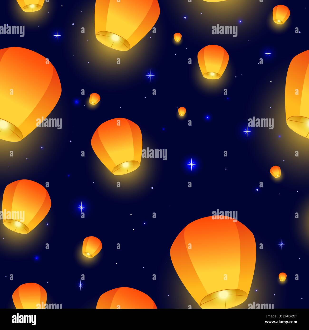 Flying Sky con motivo senza cuciture. Festival di Diwali, Festival di metà autunno o Festa cinese. Lampade galleggianti luminose nel cielo notturno. Illustrazione vettoriale per carta da imballaggio, tessuto, carta da parati. Illustrazione vettoriale. Illustrazione Vettoriale