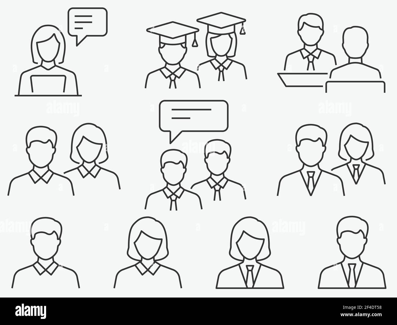 Insieme di icone per studenti, ad esempio formazione, gruppo, webinar, accademico e altro ancora. Tratto modificabile. Illustrazione Vettoriale