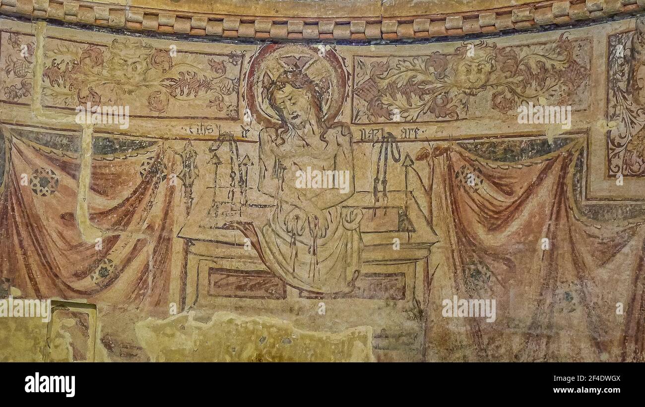 Ecce Homo, dipinto murale del 1434 nella chiesa medievale di Vilar de Donas, Spagna, 22 luglio 2010 Foto Stock