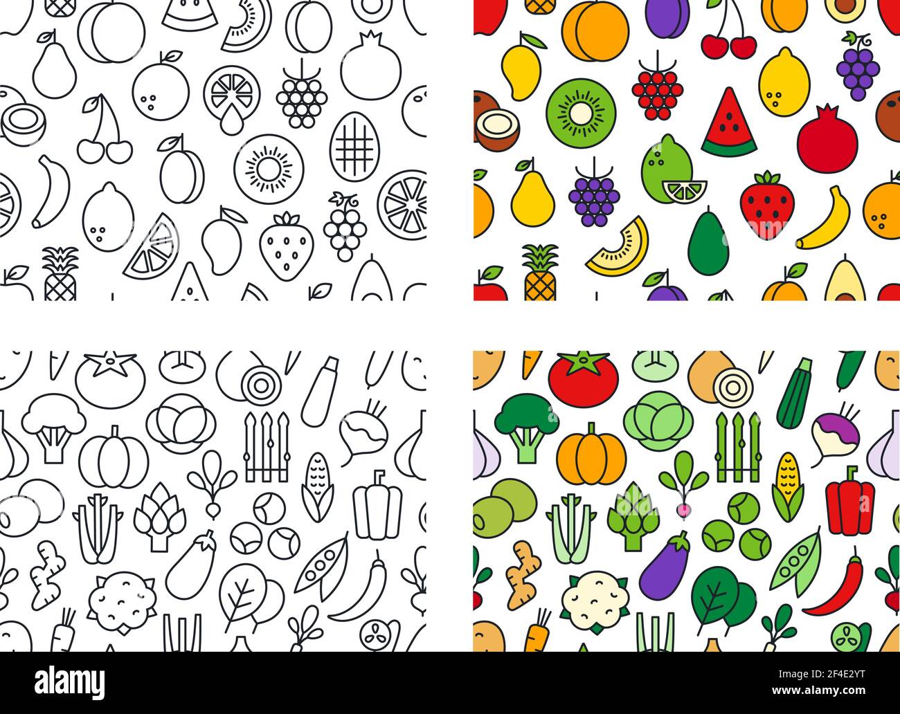 Set di modelli vettoriali senza giunture con frutta e verdura. Texture infinita, sfondo, sfondo. Icone lineari a colori. Contorno, forma, contorno Illustrazione Vettoriale