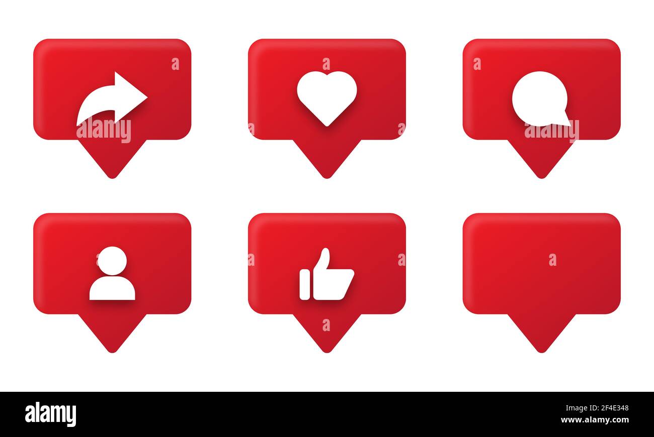 Serie di icone rosse di notifica dei social media. Mi piace, seguace, commento, condividere e amore icone. Progettazione per siti Web e app mobili. Illustrazione vettoriale Illustrazione Vettoriale