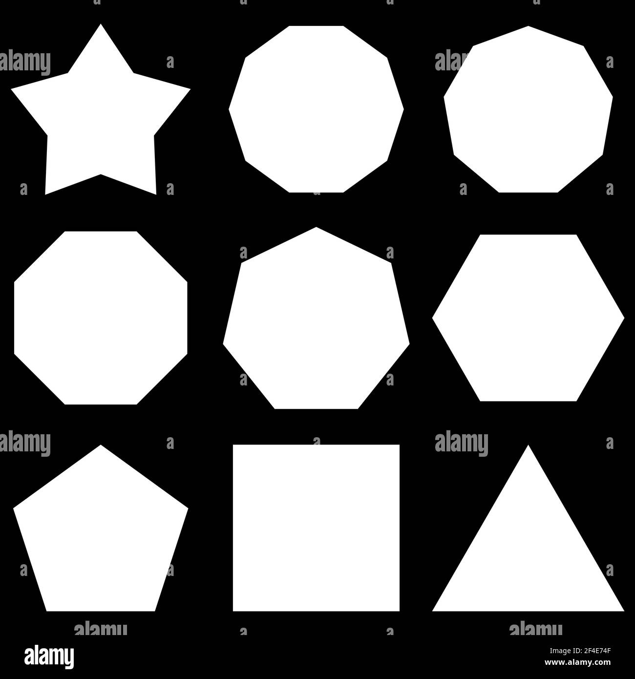 Set di poligoni. Set di forme di base. Stella, esagonale (decagono), Nonagon (nove angoli), Ottagono, eptagono, Forme geometriche esagonali, Pentagono, quadrate, triangolari Illustrazione Vettoriale