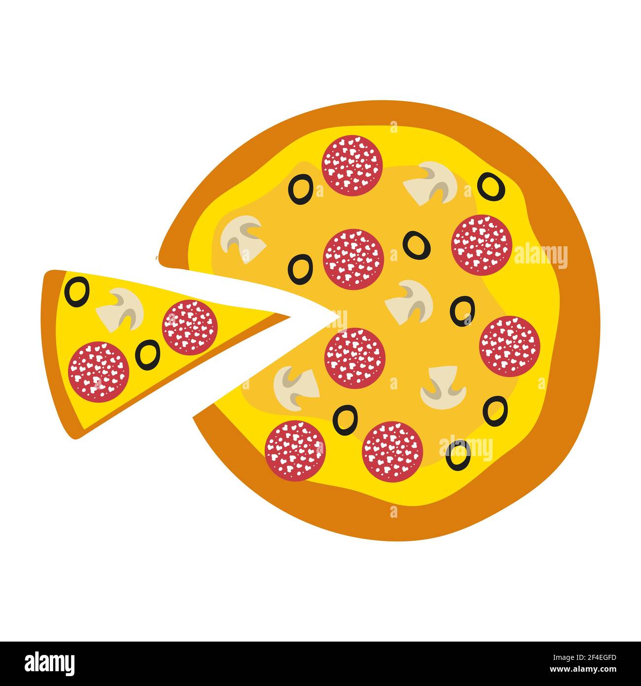 Pizza disegnata a mano con funghi, pepperoni e formaggio. Pizza italiana con una fetta. Isolato su bianco Illustrazione Vettoriale