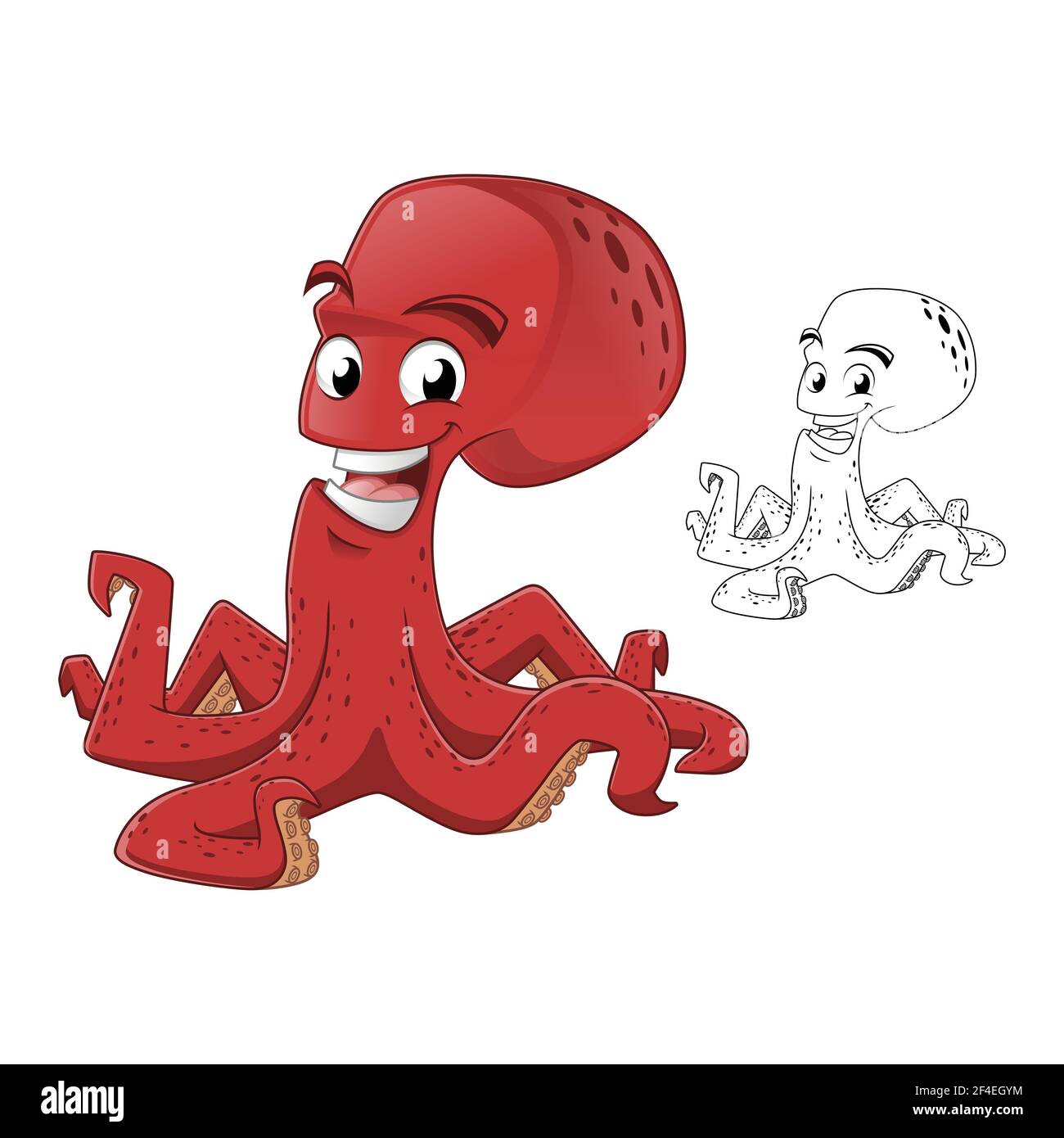 Cute Happy Red Octopus presenta qualcosa con disegno di linea d'arte, vita acquatica e marina, logo di Mascot di illustrazione del personaggio vettoriale. Illustrazione Vettoriale