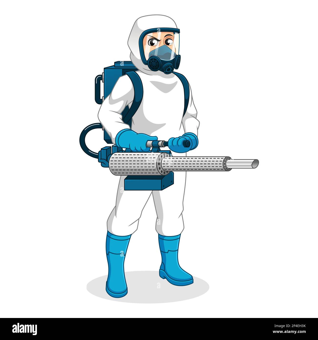 Operatore sanitario con dispositivi di protezione individuale (DPI) Holding Fogging Machine, persone al lavoro, occupazioni sanitarie, Cartoon Vector Illustration. Illustrazione Vettoriale