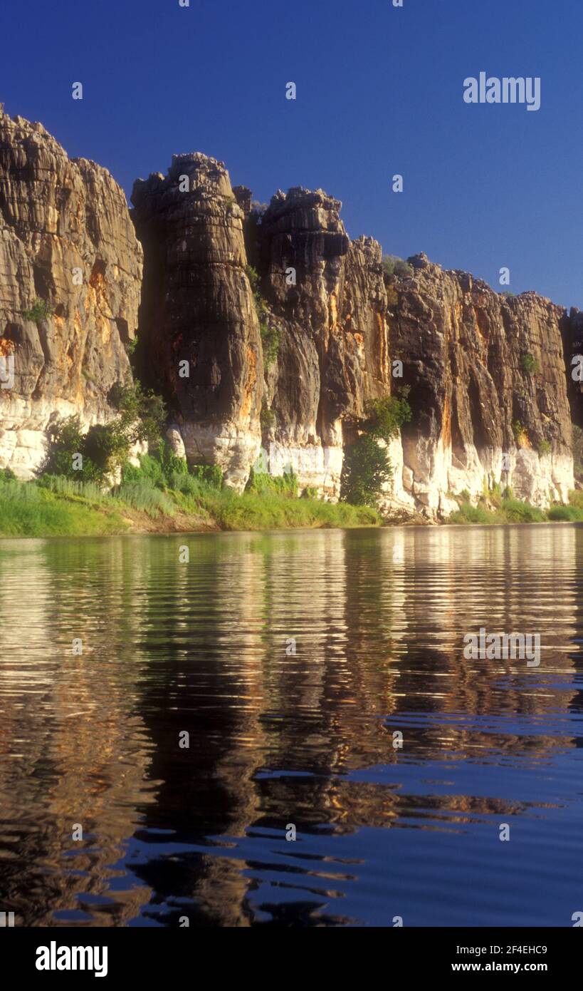IL PARCO NAZIONALE DI DANGGU GEIKIE GORGE È FAMOSO PER LE SUE TORREGGIANTI PARETI CALCAREE BIANCHE SBIANCATE DAL FIUME FITZROY, NELL'AUSTRALIA OCCIDENTALE. Foto Stock