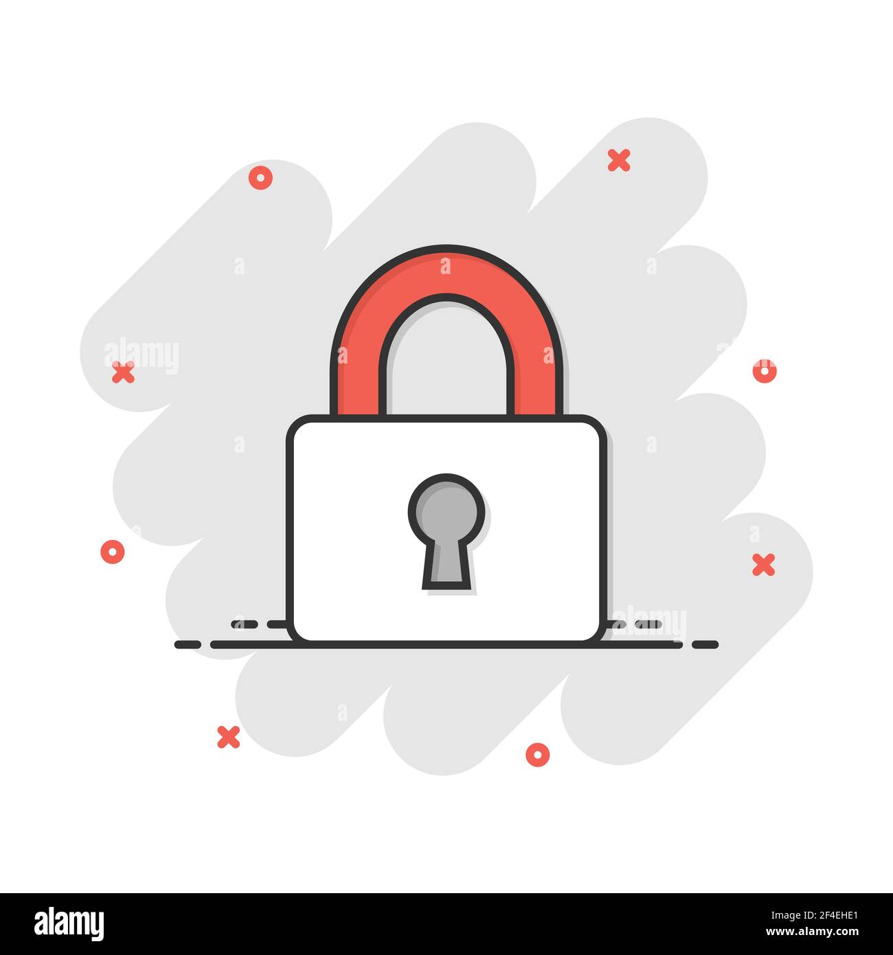 Vector cartoon icona a forma di lucchetto in stile fumetto. Bloccare e sbloccare il concetto di sicurezza illustrazione pittogramma. Lucchetto business effetto splash concept. Illustrazione Vettoriale