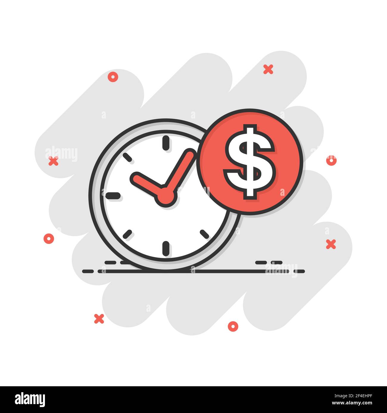 Vector cartoon Affari e finanza gestione icona in stile fumetto. Il tempo è denaro concetto illustrazione pittogramma. Strategia finanziaria business splash e Illustrazione Vettoriale