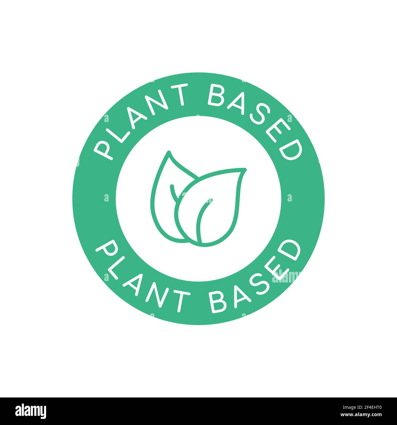 Simbolo, icona, logo e simbolo basati su piante. Due foglie in un cerchio. Etichetta prodotto naturale. Nessun prodotto con ingredienti artificiali. Dieta vegetariana o vegana. Illustrazione Vettoriale