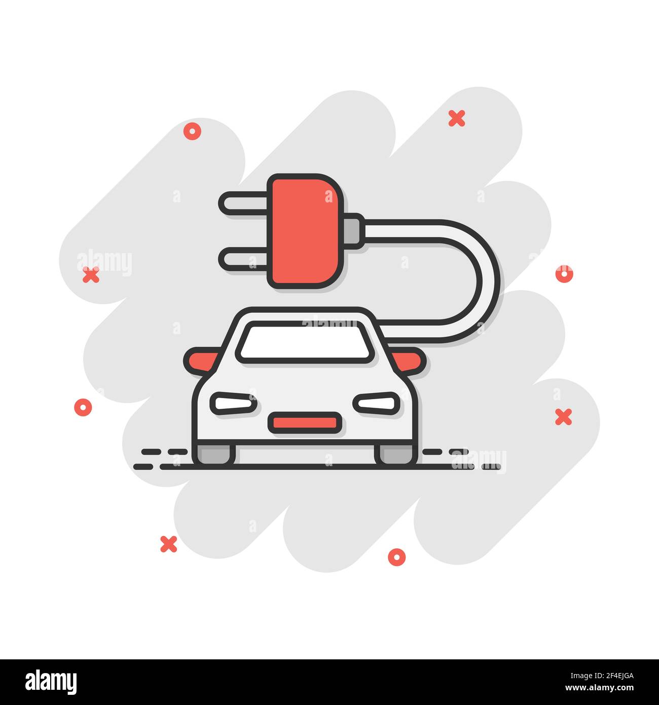 Vector cartoon elettro car icona in stile fumetto. Automobile elettrica veicolo illustrazione pittogramma. Ecologia auto berlina effetto splash concept. Illustrazione Vettoriale