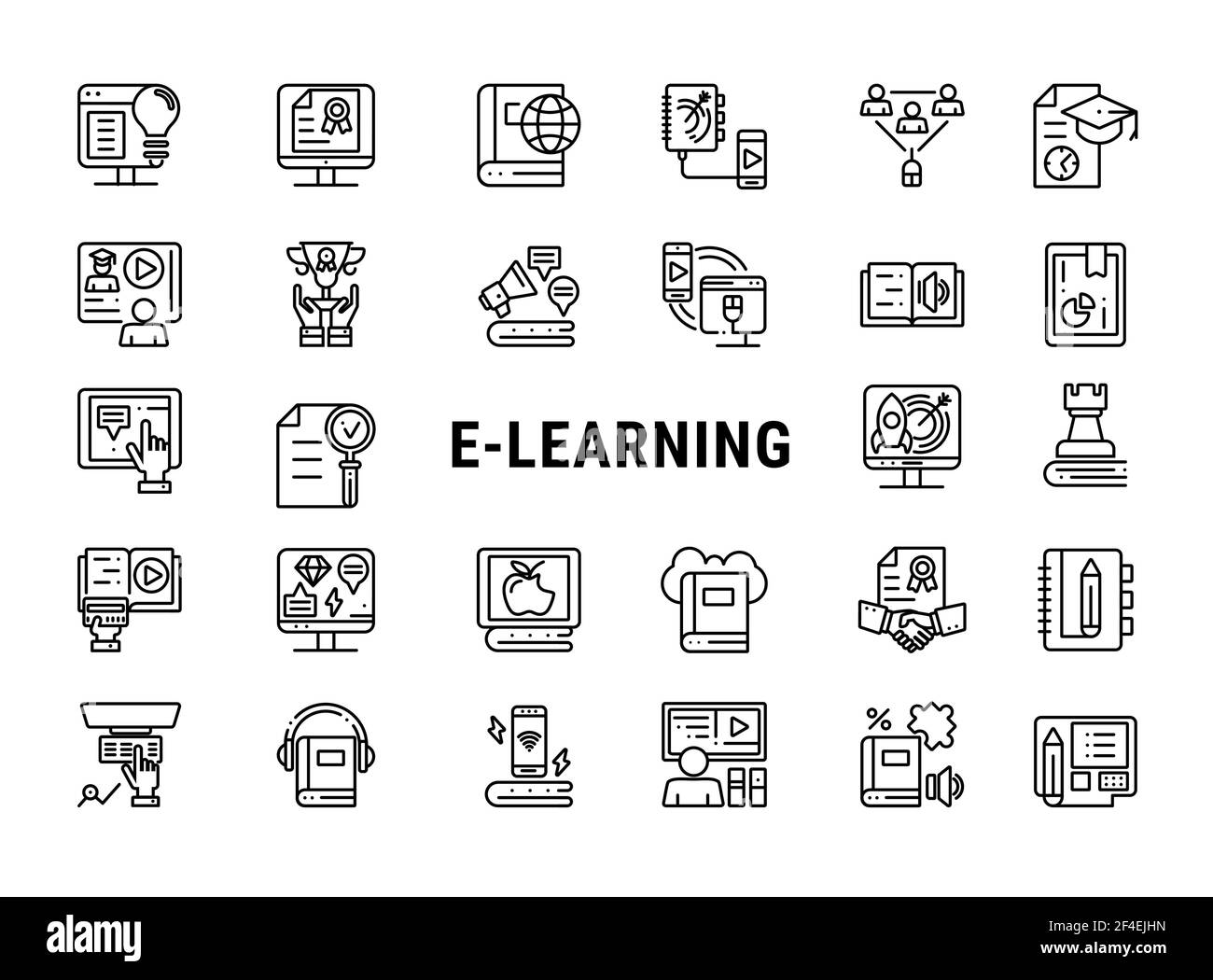 Set di icone e-learning, Education online. Elementi di raccolta del contorno Illustrazione Vettoriale