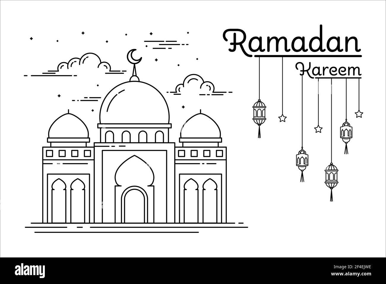 mosque illustrazione monolina stile vettore disegno ramadan concetto con lanterna decorazione Illustrazione Vettoriale