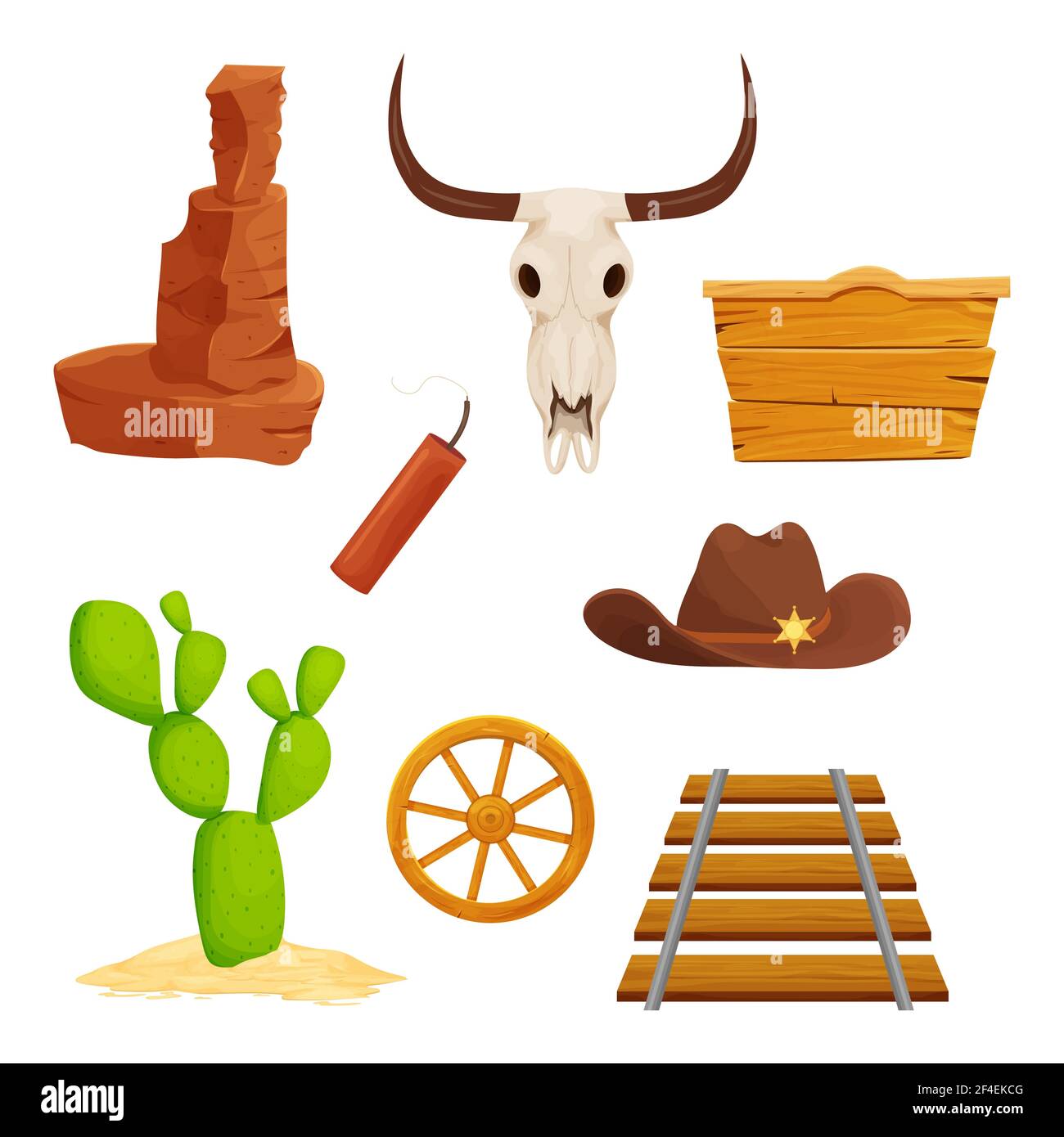 Set Wild West, raccolta di elementi cartoon, risorse di gioco ui, icona isolata su sfondo bianco stock illustrazione vettoriale. Ferrovia, cactus dessert An Illustrazione Vettoriale